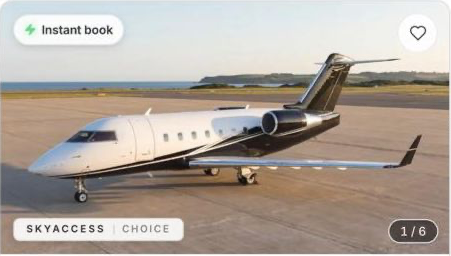 A SkyAccess listing card showing a white and black business jet on a ramp, with an Instant book badge and a SkyAccess Choice label